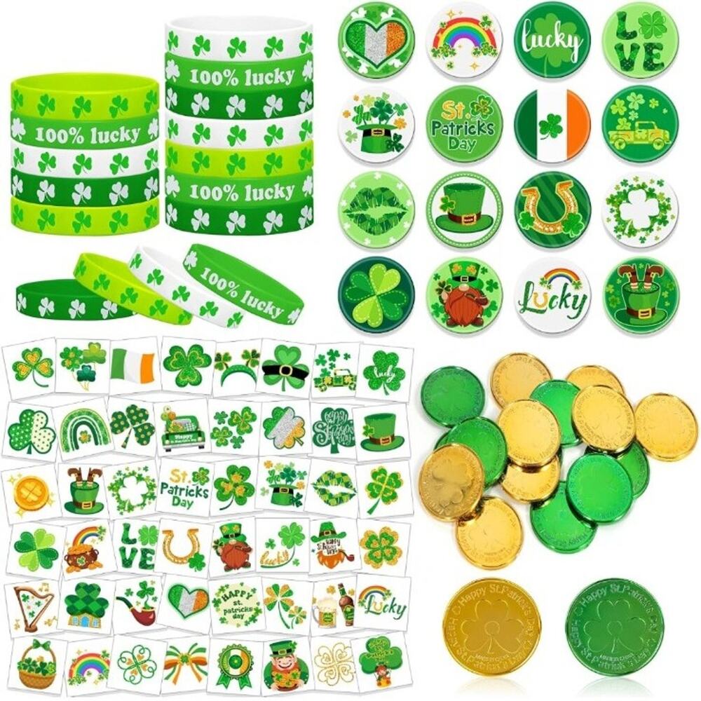 96pcs St Patricks Day Accessories, Shamrock Badges Wristbands Bracelets Tattoo